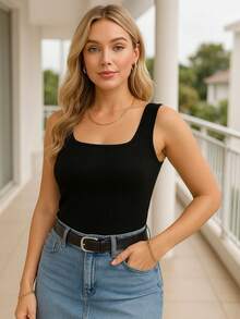 Women's Plus Size Ribbed Casual Tank Top - màu đen - Xem 5