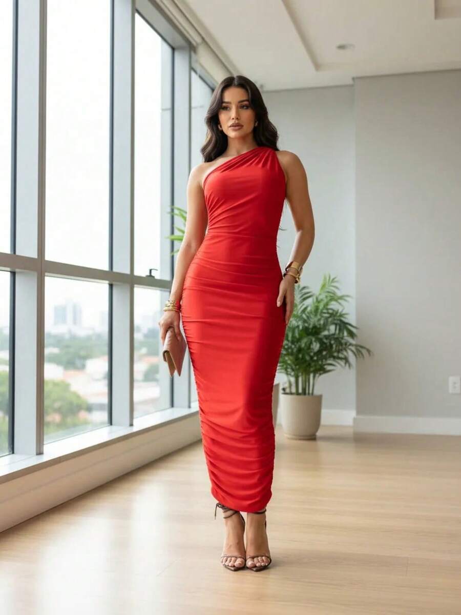 Simple Dress Mesh Draped One Shoulder Evening Wedding Birthday Party Baby Shower Formal & Evening Photoshoot Brunch Fall Winter Summer Suplex Premium - 紅色 - 查看 1