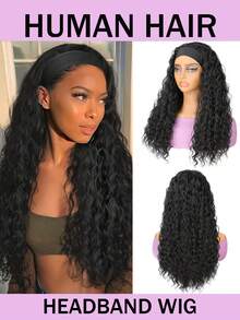 湿润波浪卷发带假发，真人发，无需发胶，卷曲发带假发，女士款，180%密度，无蕾丝前额假发，真人发，日常佩戴，无胶假发，自然黑 - Natural Black - 查看 1