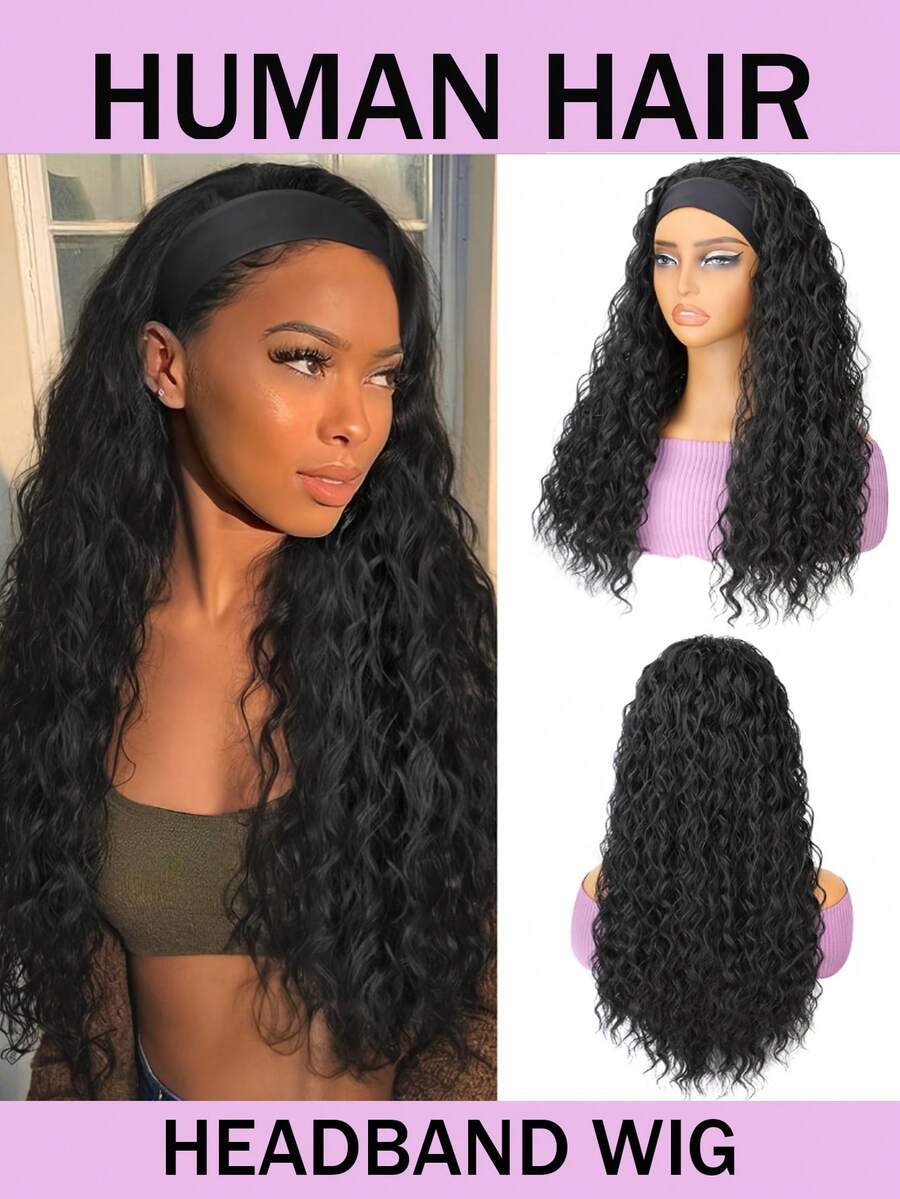 湿润波浪卷发带假发，真人发，无需发胶，卷曲发带假发，女士款，180%密度，无蕾丝前额假发，真人发，日常佩戴，无胶假发，自然黑 - Natural Black - 查看 1