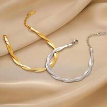 MONALLY 1pc 18K Gold Plated Stainless Steel Jewelry, Fashion Woven Blade Chain Bracelet, Luxury Accessory For Women, Valentine's Day Gift For Girlfriend - Chain Bracelet - View 1