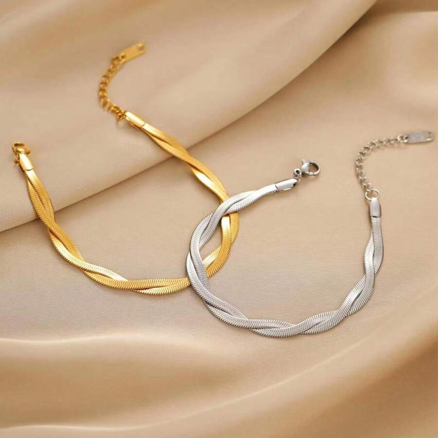 MONALLY 1pc 18K Gold Plated Stainless Steel Jewelry, Fashion Woven Blade Chain Bracelet, Luxury Accessory For Women, Valentine's Day Gift For Girlfriend - Chain Bracelet - View 1