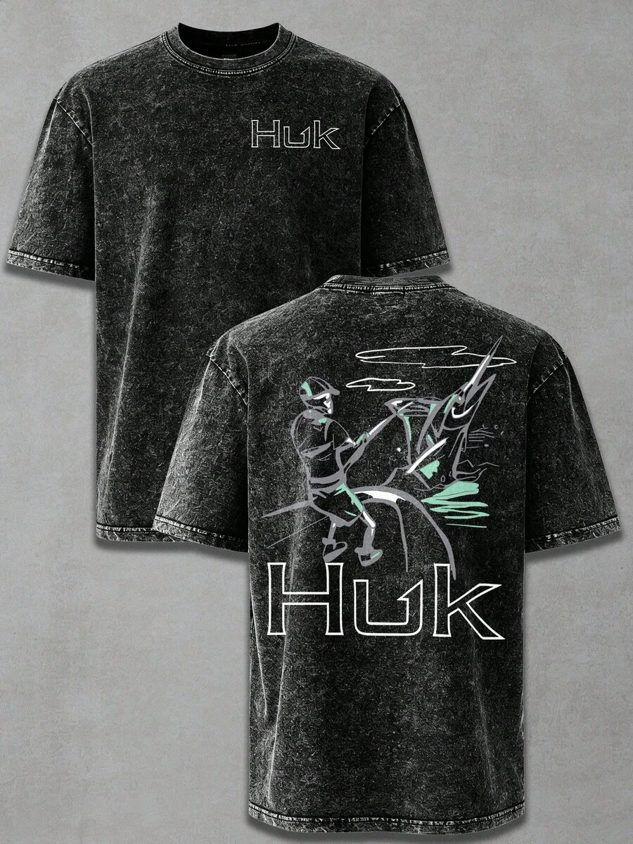 HUK Fishing Abstract Angler Wash Cotton Vintage Distressed Oversized Graphic Tee Men's Short Sleeve Pure Cotton T-Shirt Loose Fit, Retro Modern Outdoor Streetwear Vintage Casual Fishing Aesthetic Baggy 100% Cotton Pullover Gift - Black - View 1