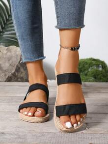 Sandalias de verano para mujer con suela tejida de paja, estilo ligero de vacaciones, sandalias planas suaves y cómodas a rayas beige - Negro - Ver 4