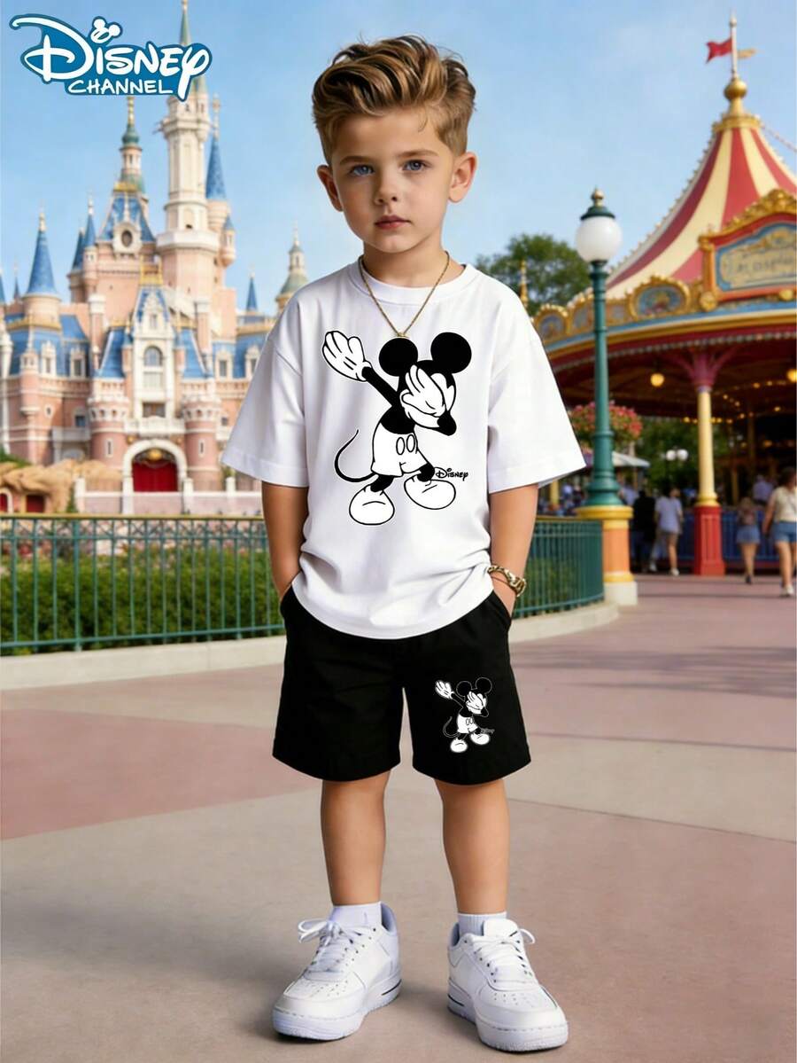 Disney 2-Piece Set, Mickey Mouse Classic Character Black And White Printed T-Shirt And Shorts Set, Short Sleeved Round Neck T-Shirt, Soft Fabric, Perfect Gift For Boys, Perfect Choice For Outdoor Activities, Disneyland Cartoon - White + Black - View 1