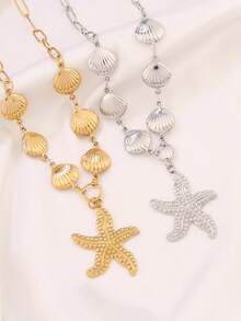 1pc Stainless Steel Heart Starfish Pendant Necklace Fashion 18K Gold Plated Ocean Shell Charms Hollow Chain Necklaces For Women Jewelry - Necklace - View 2