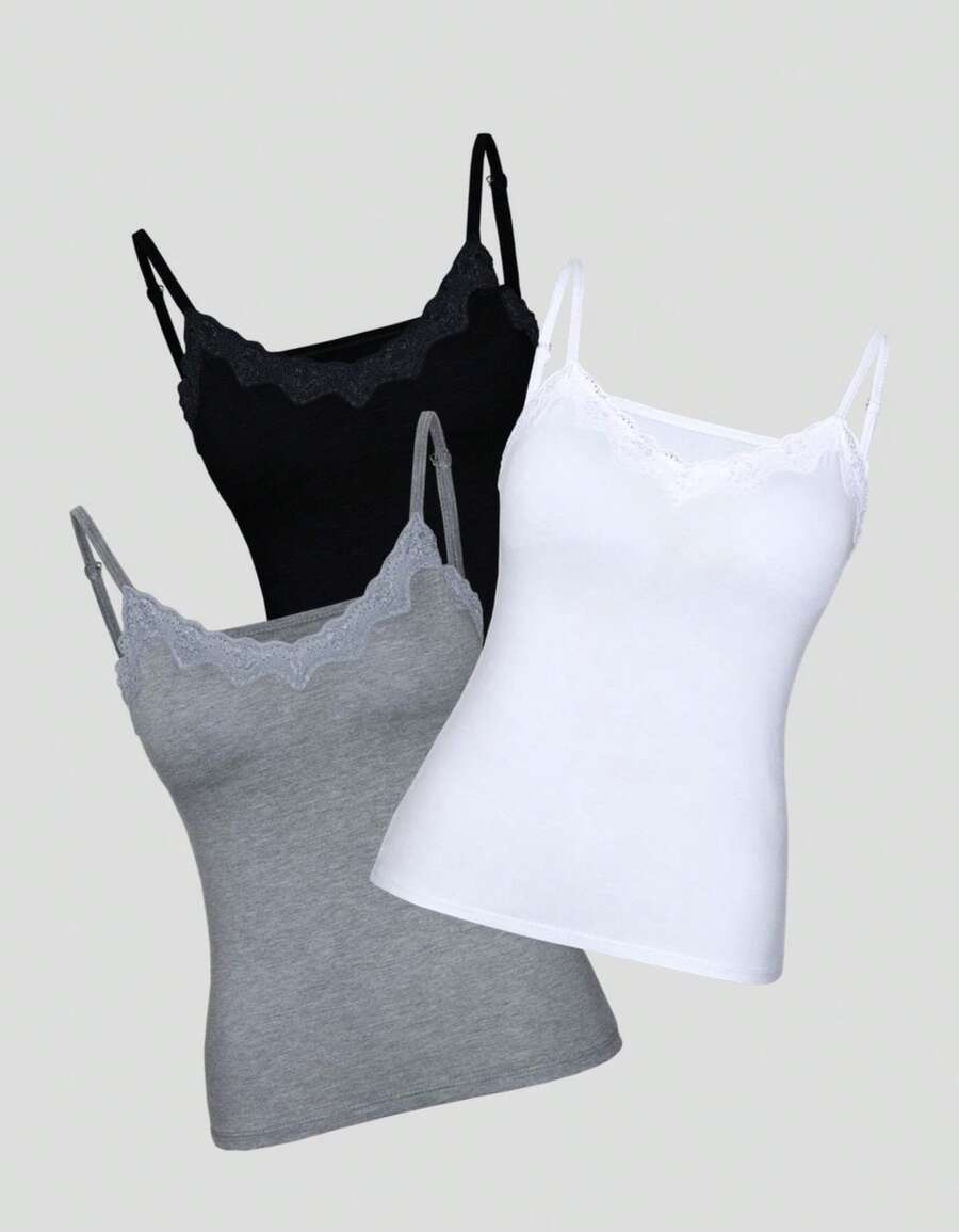 Set Of 3 Padded Blouses With Lace Detail, Plain Print, Basic Everyday Wear - Black White Gray - View 1