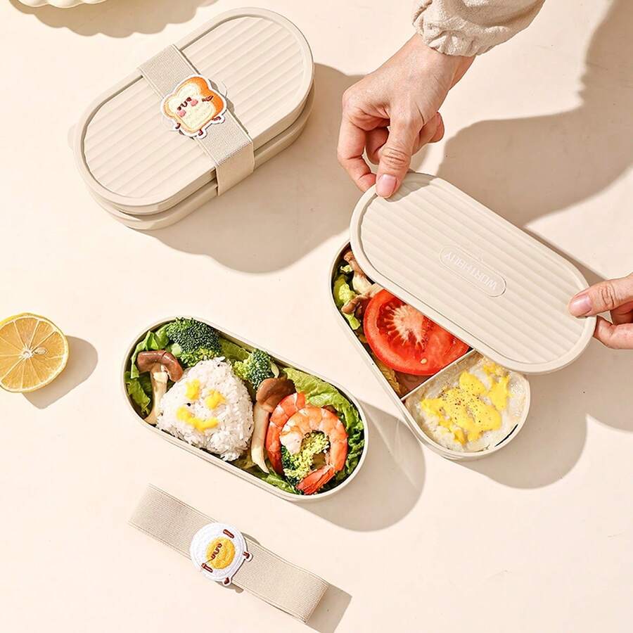 2pcs/Set 730ML Stackable Plastic Divided Lunch Box, Portable Reusable Oval Bento Box With Cute Cartoon Straps, Fruit Salad Food Storage Container For Meal Prep & Portion Control, Microwave Lunch Container, Suitable For Student And Adult Use In Home