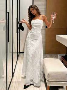 2026春夏新款优雅法式长裙，适合日常、约会、通勤、海滩、度假、办公室、情人节、镂空花卉、生日派对等场合，白色 - 白色 - 查看 4