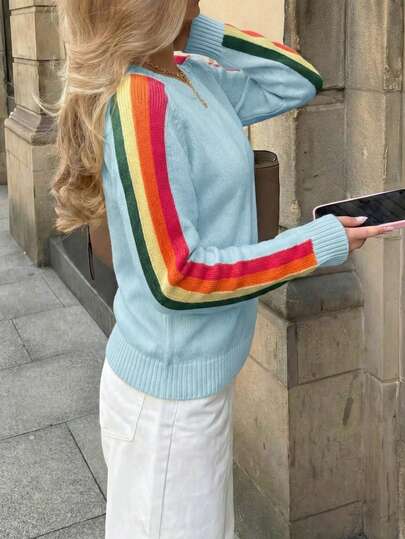 Women's Colorful Rainbow Striped Casual Crew Neck Long Sleeve Sweater, Autumn/Winter
