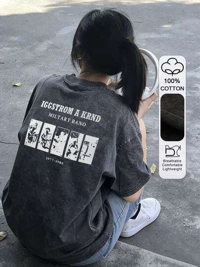 Classic Vintage American Style Loose Fit Distressed Black Letter & Portrait Graphic Tee, Unisex Casual Outfit For Spring/Summer