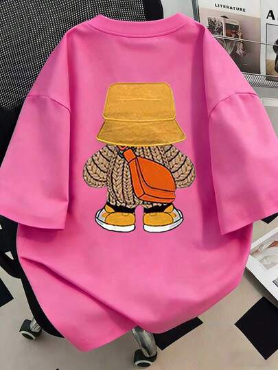 Bear Print Round Neck T-Shirt, Plus Size Women's Street Fashion Item For Summer, Suitable For New Year, Festivals, Daily Wear, Outings, Beach, Parties, School, Music Festivals, Vacations, Commuting And Other Occasions