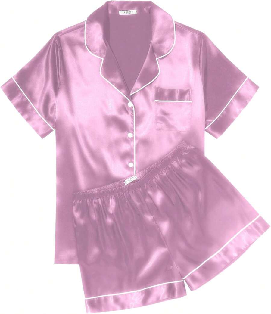 ¡Recomendado¡Conjunto de Pijama de Seda Satinada para Mujer , Suave, de Manga Corta, con Botones, Top y Pantalones Cortos, Conjunto de 2 Piezas para Dormir y Relajarse, Tallas S-XXL¡Top de Temporada! - Púrpura, rojo - Ver 1