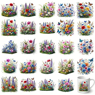 24张野花图案UV DTF转印贴纸，精美植物花卉图案，纸质转印贴纸，24 x 19厘米，适用于DIY剪贴簿、相册和家具装饰，适用于玻璃、金属和塑料瓶家具。