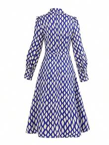 女士优雅春夏格子印花休闲派对连衣裙，长袖设计，适合约会 - 藍色 - 查看 6