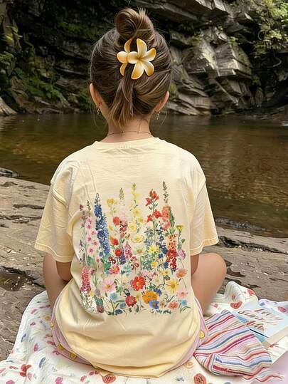 1pc Floral Print Pullover Short Sleeve T-Shirt For Tween Girls, Student Youth Clothing, Summer Gift For Kids