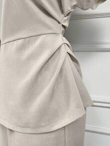 AIJ Amarilo Women's Fashion Woven Cotton-Linen Blend Asymmetrical Neck Batwing Sleeve Top & Wide Leg Pants Two Pieces Set – Ideal For Spring Break, Wedding Guest, Office & Spring Party Looks - Apricot - View 8