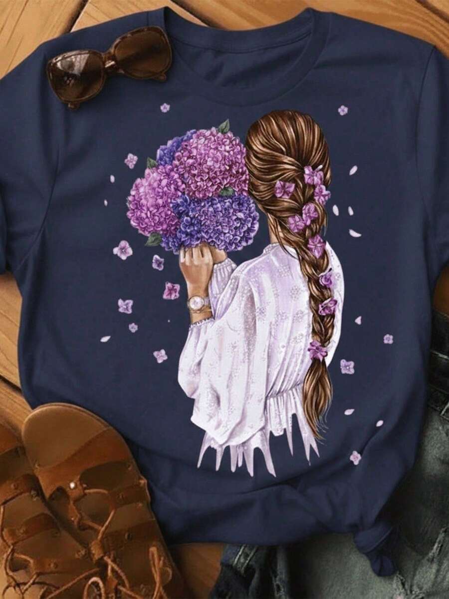 Stylish Women's Floral Hair Print T-Shirt - New Release - 100% Cotton T-Shirt - Loose Oversized Plus Size T-Shirt - Estampae - 藏蓝色 - 查看 1