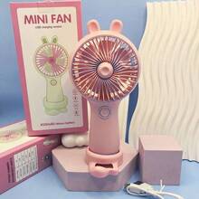 Ventilador portátil de oído de conejo con soporte para móvil, modelo recargable, mini ventilador de tres velocidades ajustables en la mesa. - Verde claro - Ver 7