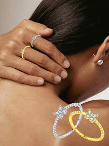 FORVER QUEEN 1枚925纯银四叶草CZ水晶花朵可叠戴戒指，女士款 - 戒指 - 查看 2