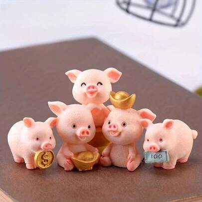 5pcs Resin Wealth Pig Figurines - Fortune Pig Mini Collectibles, Thanksgiving Gift, DIY Gardening & Succulent Micro Landscape Decor, Christmas/Halloween Car Decor & Cake Topper, Home Decor Collection
