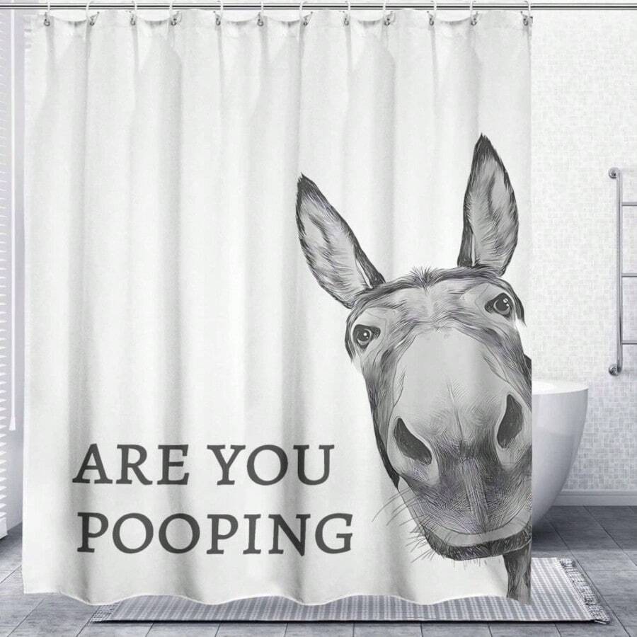 Humorous Donkey Shower Curtain, 'Are You Pooping?' Funny Bathroom Decor, Waterproof Polyester, Multiple Sizes - 白色 - 查看 1