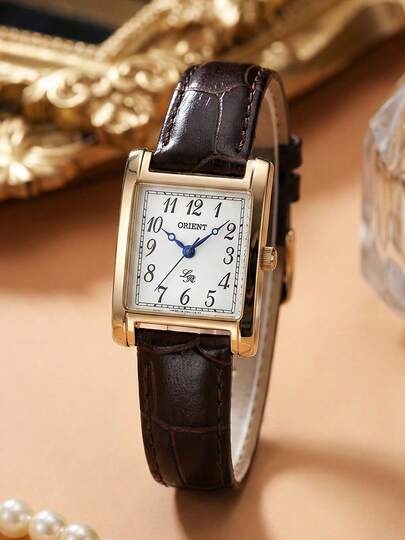 Orient Reloj de mujer vintage de esfera cuadrada, elegante caja de oro rosa, correa de cuero marrón, manecillas azules, FUBUL004W0