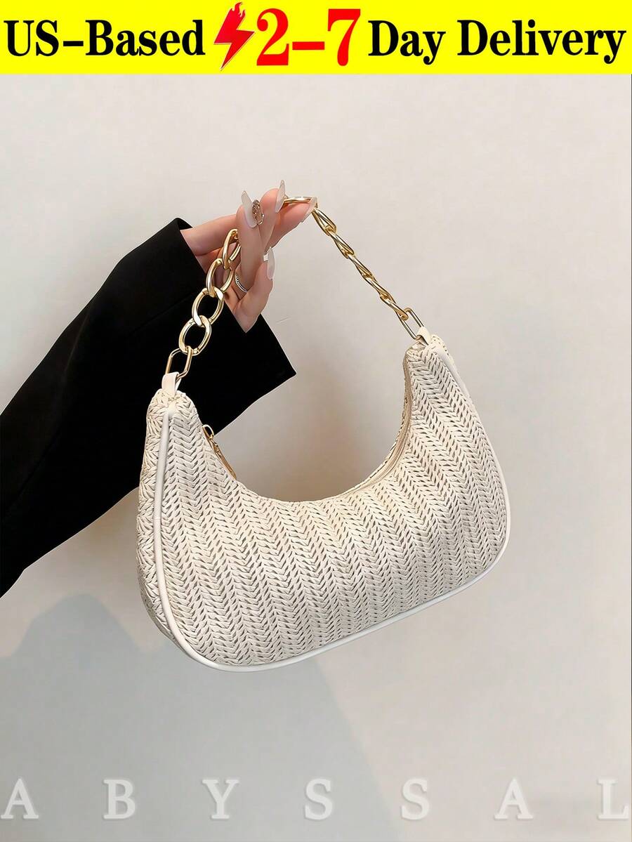 Fashionable Solid Color Woven Moon Shaped Women's Bag With Metal Chain Strap, Can Be Used As Handbag, Shoulder Bag, Tote Bag, Beach Bag, Casual Woven Bag, And Cell Phone Bag, 2026 New Woven Straw Bag - Boho Chic Crossbody & Top Handle Purse, Lightweight Raffia Beach Bag For Women,Y2K Crochet Underarm Bag 2026 -  Mini Shoulder Bag,Everyday Chic Knit Bag - Versatile Underarm & Shoulder Bag,Casual Shoulder Bag For Women,Summer Essentials, Perfect For Vacation & Holiday, Beach Purse, Perfect For Summer, Vacation & Daily Use, Travel Must Haves, Suitable As Birthday Valentine's Day Thanksgiving Halloween Gift For Mom Wife Girlfriend Friend [US Local Warehouse] - 彩色 - 查看 1
