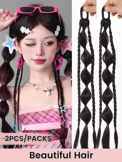 2 Tóc giả dài thẳng bằng sợi tổng hợp, kiểu tết bím bong bóng tự nhiên, kèm dây chun, kiểu dáng thời trang tự nhiên, dài 18 inch, màu 1B#, kiểu tết bím bong bóng hình đèn lồng, tóc nối co giãn, kèm dây chun cho nữ.