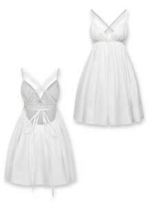 白色荷叶边迷你连衣裙 | 吊带露背夏秋过渡必备单品 - 前系带开衩下摆度假连衣裙，适合约会和波西米亚风度假 | 时尚休闲度假系列 - 象牙白色 - 查看 4