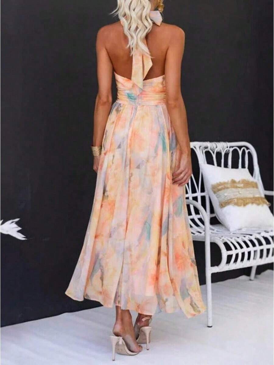 Boho Pastel Floral Halter Neck Maxi Dress Women Sleeveless Flowy Beach Vacation Cruise Sundress - Màu Cam cháy - Xem 1