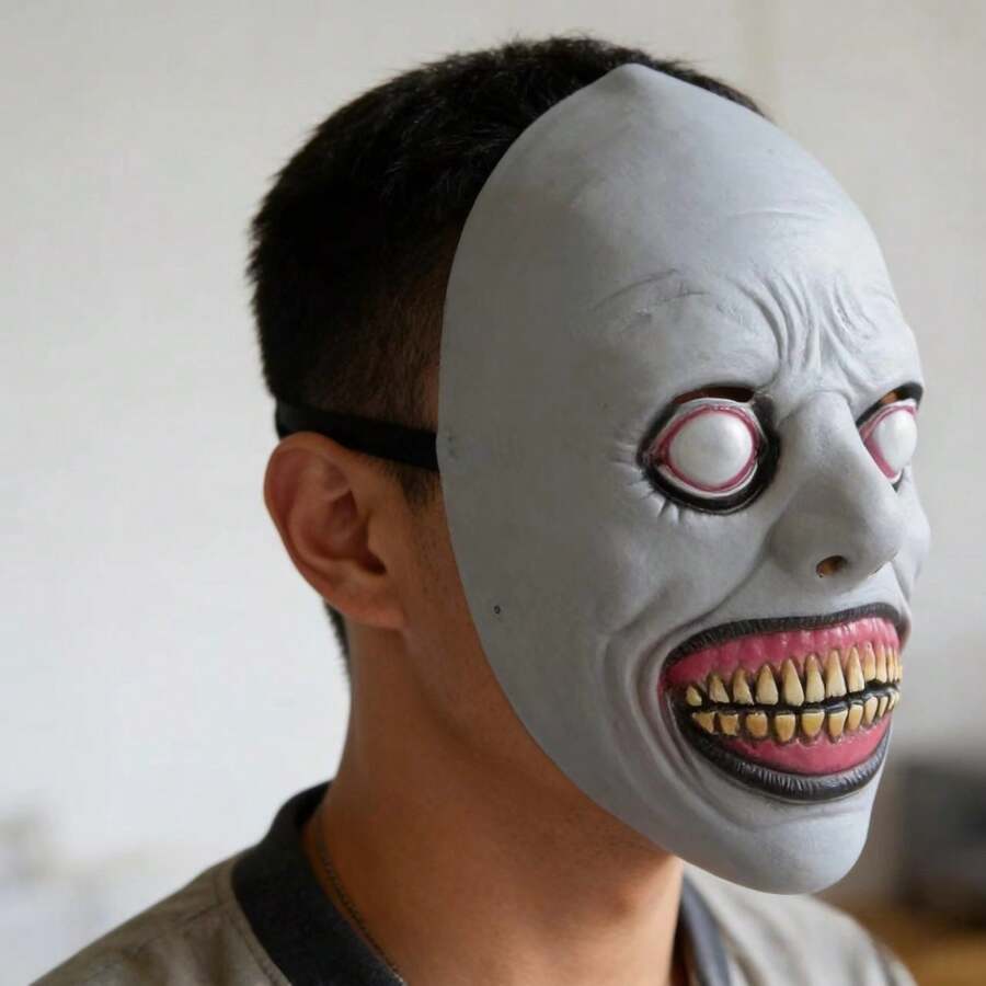 银色恶魔面具,白色眼睛,新款跨境万圣节恐怖服装乳胶面具头饰道具 - 彩色 - 查看 1