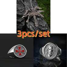 3件套复古天使翅膀十字架吊坠项链银色十字架戒指银色耶稣戒指男女时尚朋克首饰套装冒险旅行幸运护身符配饰礼品 - 3PCS - 查看 10