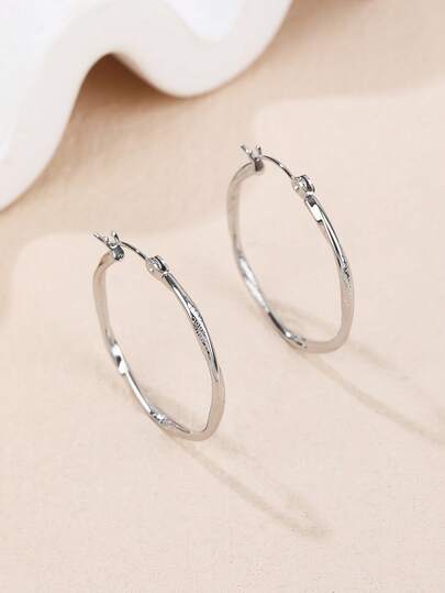 1 Pair Minimalist Textured Plain Hoop Earrings, Chic Silver Circular Earrings For Women, Versatile For Daily Wear