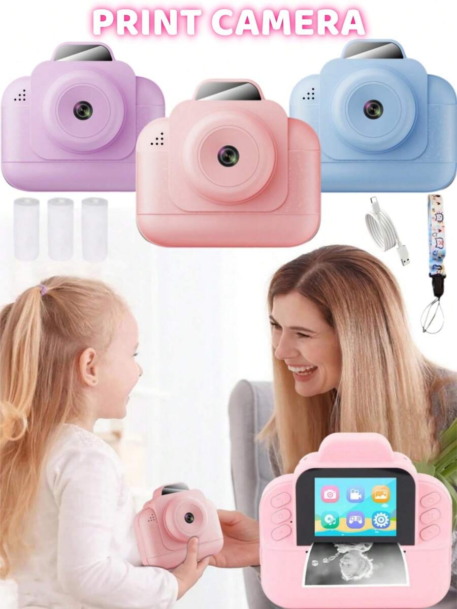 儿童相机套装包含：1 台带即时打印功能的相机、2.4 英寸高清屏幕、16 倍数码变焦、1080P 视频录制、MP3 播放器、20 款相框和 5 款滤镜、4 种镜像效果、3 卷打印纸、USB Type-C 充电线、相机背带、趣味可定制涂鸦打印功能、1300mAh 大容量电池