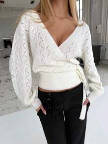 2025 Autumn/Winter Wrap Tie Knit Sweater, White, Women's Essential For Home, Commute, Date, Travel, Suitable For Various Occasions, Light Gray - Apricot - View 6