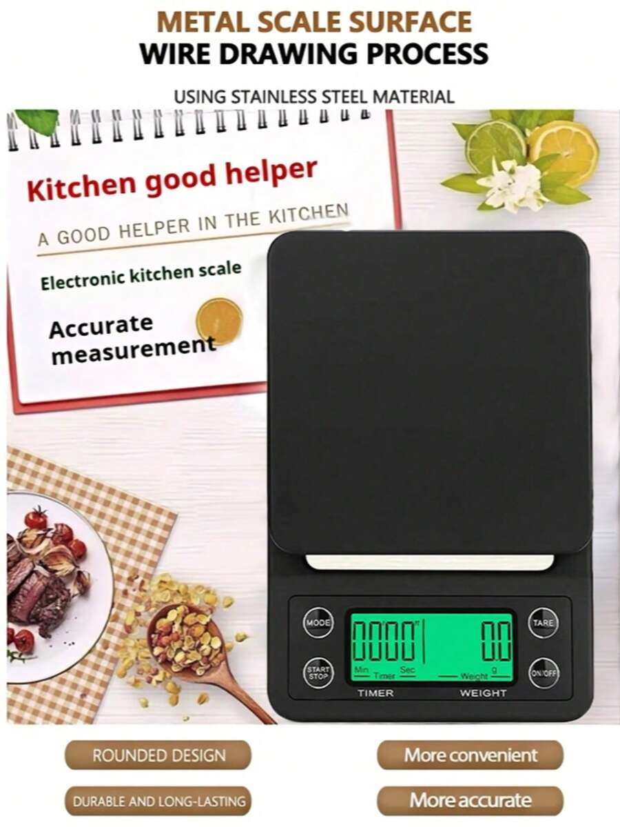 3kg Balanza digital para alimentos, medición de alta precisión, panel de pantalla LED, con conversión de unidades, temporizador y función de tara, adecuada para cocina, granos de café, cocina (baterías no incluidas) - Multicolor - Ver 1
