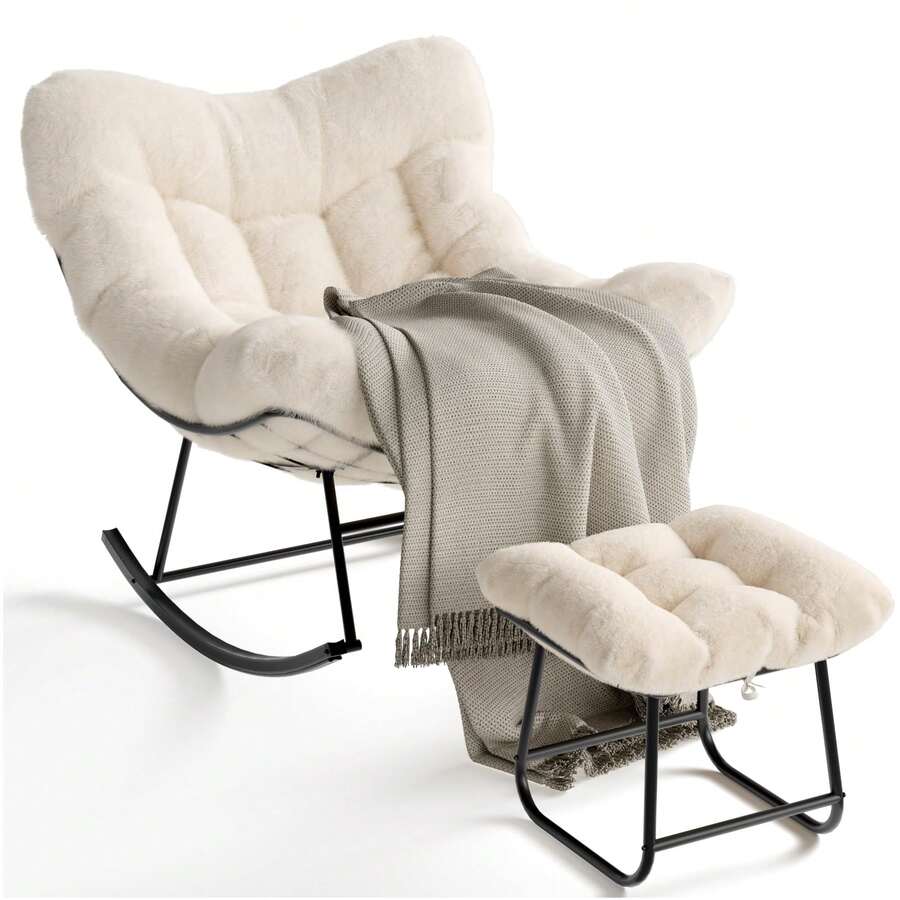 Silla Mecedora Huevo con Puff - Marco de Acero Resistente y Cojín Grueso, Soporta 400 lbs - Ideal para Terraza, Balcón, Sala o Dormitorio - Beis - Ver 1