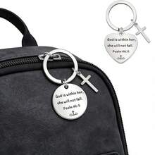 基督教圣经经文钥匙扣 - “神在她里面，她必不至动摇”诗篇 46:5，不锈钢圆形十字架吊坠，女性宗教礼物 - Old Gold - 查看 1