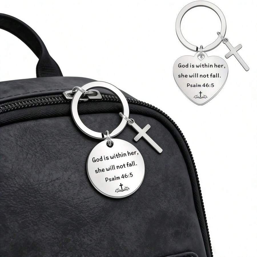 基督教圣经经文钥匙扣 - “神在她里面，她必不至动摇”诗篇 46:5，不锈钢圆形十字架吊坠，女性宗教礼物 - Old Gold - 查看 1