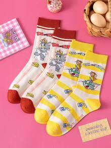Noctvar OBM Sleepwear X TOM & JERRY 2双猫鼠图案女士中筒袜，可爱卡通爱心设计，趣味老鼠时尚夏季男士袜子，透气休闲船袜，卡通图案，适合学生/成人作为礼物和日常穿着，情侣款 - 彩色 - 查看 2