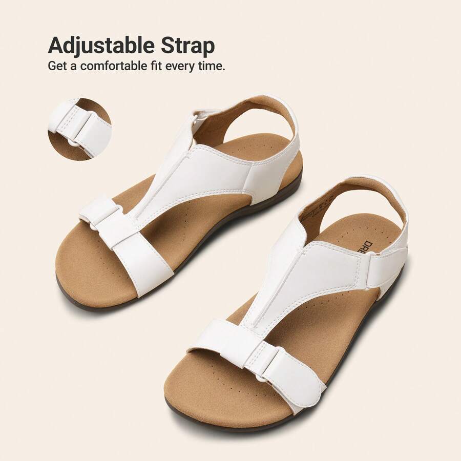 Women Sandals Arch Support T-Strap Orthopedic Flat Sandals Comfortable Walking Beach Summer Shoes - trắng - Xem 1