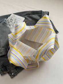 Bolso de lona fresco y elegante, bolso de hombro con textura a rayas, bolso de gran capacidad para estudiantes y viajes - Amarillo - Ver 5