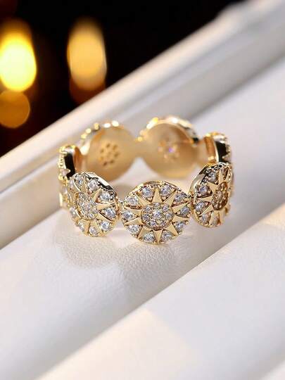 1pc Sunflower Micro-Inlaid Zirconia Sparkling Texture Ring, Vintage Style Elegant Accessory For Women