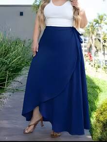 Wrap Skirt In Viscose Linen, Plus Size, Various Colors - Navy Blue - View 1