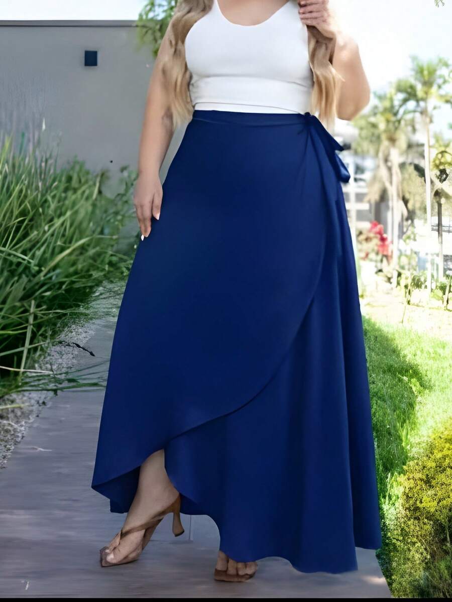 Wrap Skirt In Viscose Linen, Plus Size, Various Colors - Navy Blue - View 1