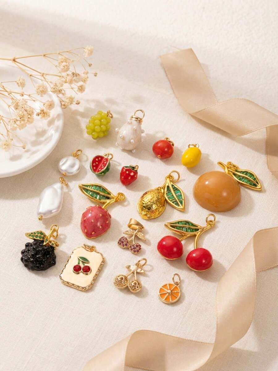 1pc Fashion DIY Fruit Series Pomegranate, Strawberry, Lemon, Watermelon, Cherry, Grape, Orange Pendant, 18K Gold Plated, Waterproof And Fade-Resistant, DIY Jewelry Accessory, Necklace, Bracelet, Earring, Keychain, Bag, Women Jewelry, Wallet, Small Pendant, Gift - Multicolor - View 1
