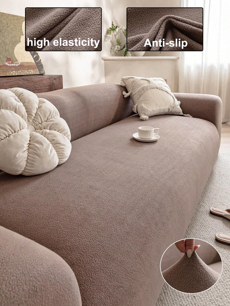 1pc Stretch Sofa Cover, Machine Washable, Non-Slip Sofa Protector, Suitable For Living Room Single To Four-Seater Sofa, Solid Color Textured Fabric, Suitable For All Seasons, Essential For Living Room | Minimalist Sofa Cover | Fitted Sofa Cover - Brown - View 1