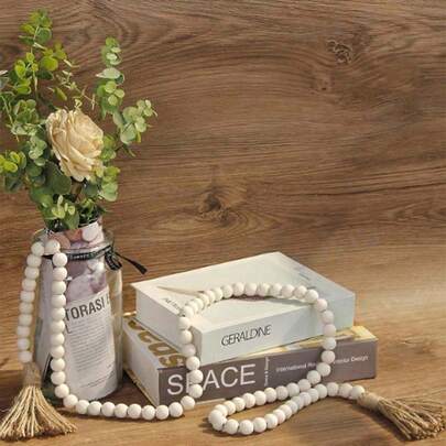 1件装木珠花环，带流苏，家居装饰，天然木珠花环，完美适用于原始风格、房间装饰、农舍风格、复古艺术、室内外装饰，农舍珠子乡村风装饰念珠波西米亚风墙饰