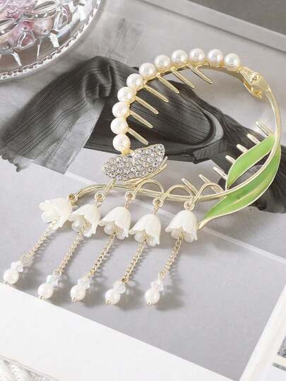 1pc Retro Lily Flower Tassel Hair Clip, Bun Fixer Hair Accessory, Elegant Hair Claw Clip For Women
